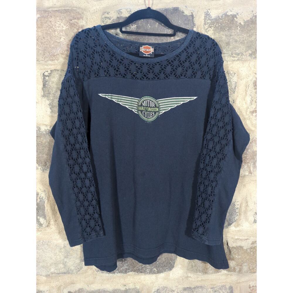 Vintage Harley Davidson Top Woman's Large Black Lace Sleeves Crocheted Biker